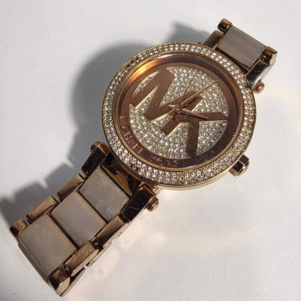 Michael Kors MK-6176 Parker Rose Gold Tone Crystal Pave Logo Dial Watch Womens